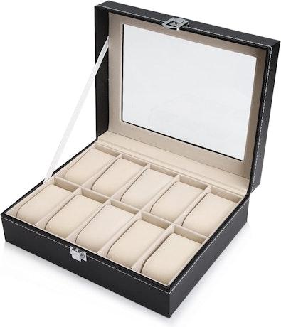 Black PU Leather 10-Slot Watch Organizer Box cover