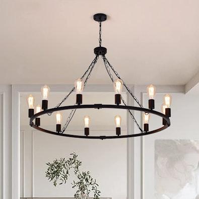 12-Light Rustic Wagon Wheel Chandelier, Black cover