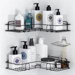Matte Black Corner Shower Shelf with Hooks thumbnail