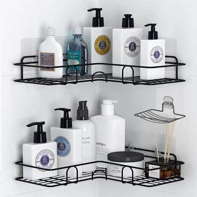 Matte Black Corner Shower Shelf with Hooks cover
