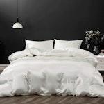 White Silky Satin Queen Quilt Cover Set, 1800TC