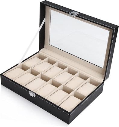 Black PU Leather Watch Organizer - 12 Slots cover