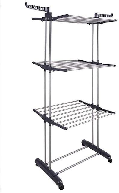 3-Tier Foldable Clothes Drying Rack with Rail cover