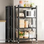 4-Tier Foldable Storage Shelf with Wheels (Black) alternate 1