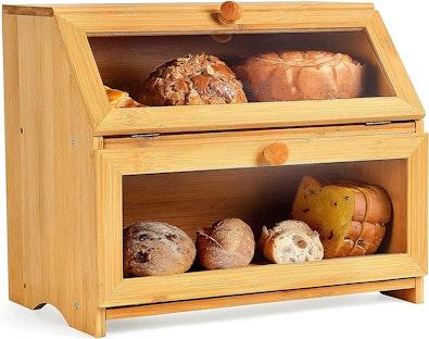 Large Double Layer Bamboo Bread Box with Window cover