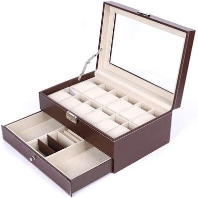 12-Slot PU Leather Lockable Watch & Jewelry Box cover