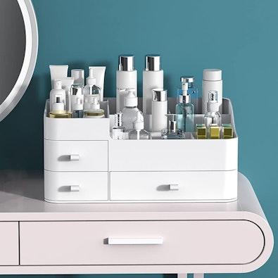 White Countertop Makeup Organizer with Drawers cover
