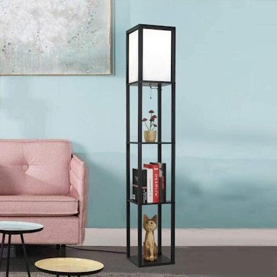 Black LED Floor Lamp with Shelves cover