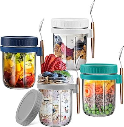Glass Overnight Oats Jars Set of 4 with Spoons cover
