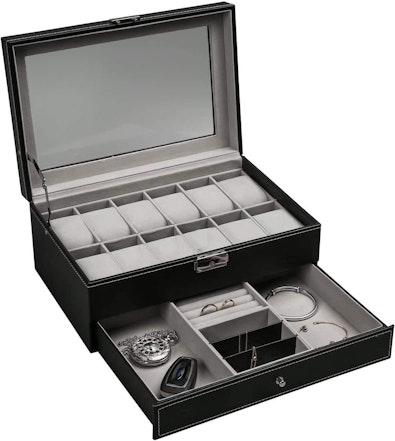 12-Slot Lockable Watch & Jewelry Box - PU Leather cover