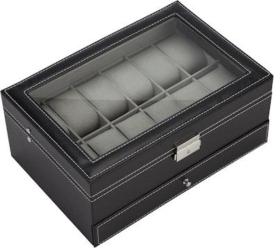 Black Leather 12-Slot Watch & Jewelry Case cover