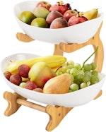 2-Tier Ceramic Fruit Bowl Basket with Bamboo alternate 1