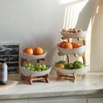 2-Tier Ceramic Fruit Bowl Basket with Bamboo alternate 2