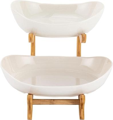 2-Tier Ceramic Fruit Bowl Basket with Bamboo cover