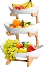 3-Tier Ceramic Fruit Bowl Basket with Bamboo alternate 1