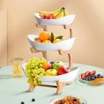 3-Tier Ceramic Fruit Bowl Basket with Bamboo alternate 2