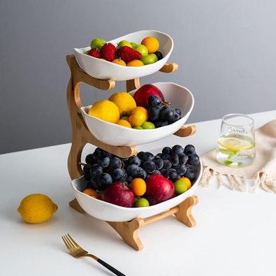 3-Tier Ceramic Fruit Bowl Basket with Bamboo cover
