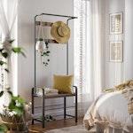 Vintage Coat Rack & Shoe Bench with Metal Frame alternate 1