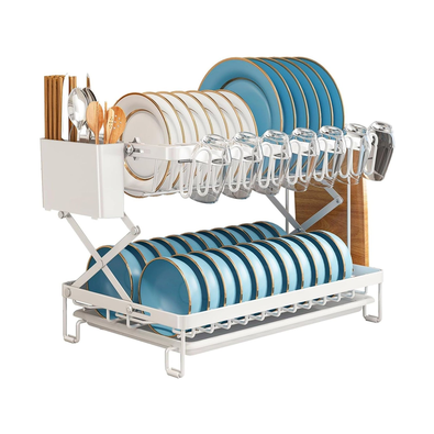 2 Tier Dish Drying Rack with Drain Tray - White cover