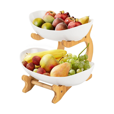 2-Tier Fruit Bowl Basket with Bamboo Stand cover