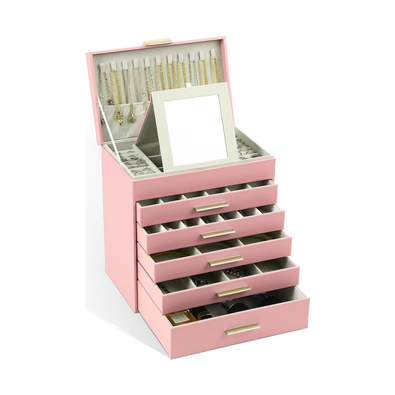 6-Layer Jewellery Box with Mirror - Pink cover