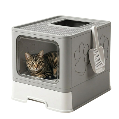 Foldable Enclosed Cat Litter Box with Scoop - Grey cover