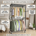 Double Rail Garment Rack with Shelves and Wheels alternate 2
