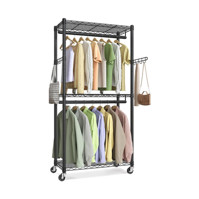 Double Rail Garment Rack with Shelves and Wheels cover
