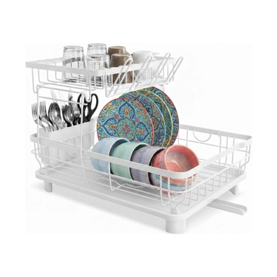 2 Tier Dish Drying Rack with Drainboard - White cover