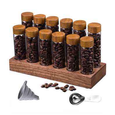 Glass Coffee Bean Storage Tubes with Wooden Stand cover